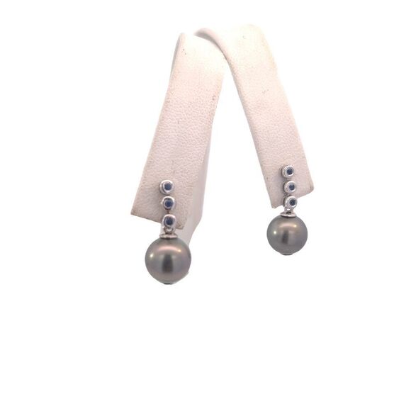 Tahitian Pearl & Sapphire Earrings 14k Gold 9.46 mm Certified $1,790 111301 - Picture 10 of 12